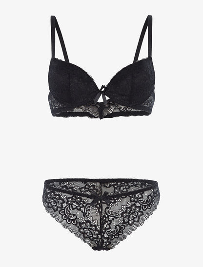 Ensemble en dentelle fine fleurie et tanga - noir - 1