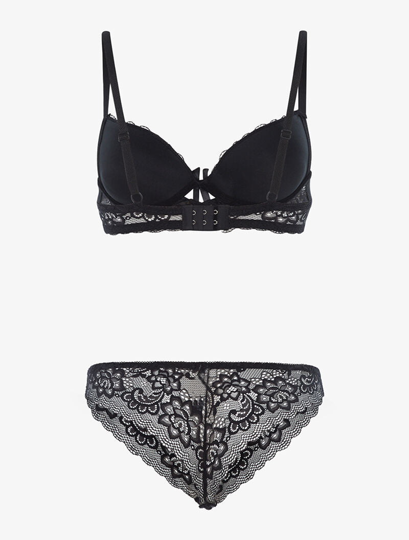 Ensemble en dentelle fine fleurie et tanga - noir - 2