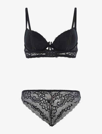 Ensemble en dentelle fine fleurie et tanga - noir - 2