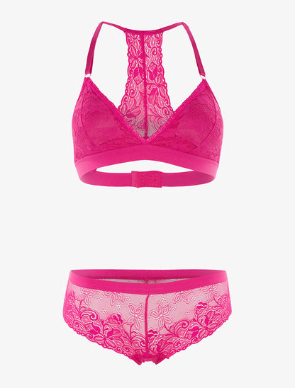 Ensemble triangle dentelle dos nageur et shorty - fushia - 1