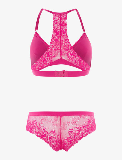 Ensemble triangle dentelle dos nageur et shorty - fushia - 2