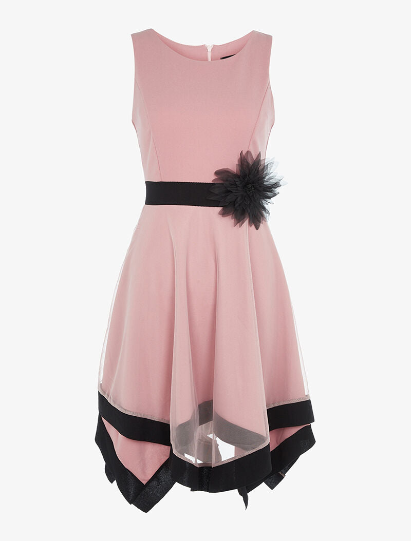 Robe à empiècement tulle et broche - vieux rose - 1