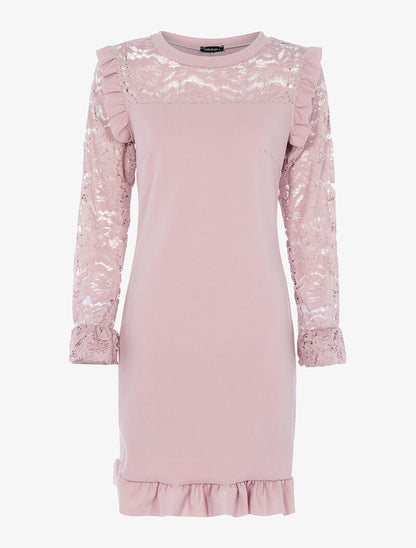 Robe à poitrine et manches en dentelle - vieux rose - 1