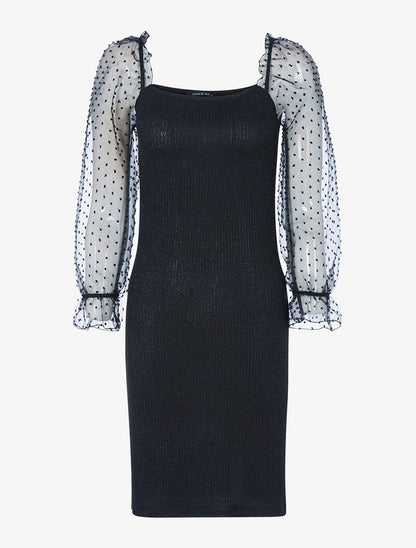 Robe côtelée pailletée à manches bouffantes en voile - noir - 1