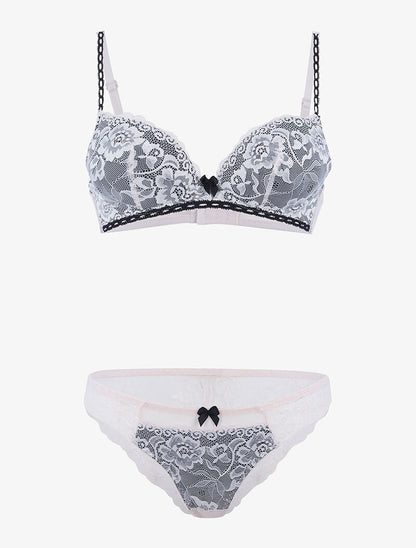 Ensemble satiné et dentelle fleurie - rose poudré/noir - 1