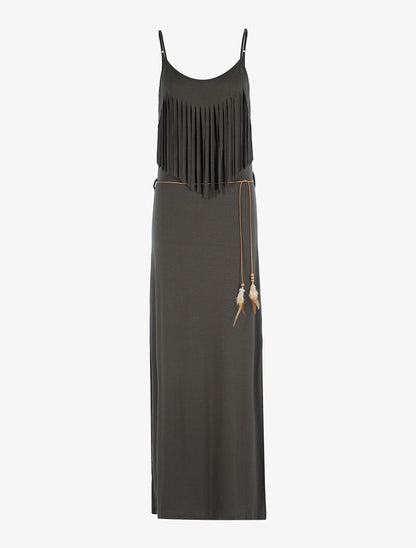 Robe à décolleté frangé - kaki - 3