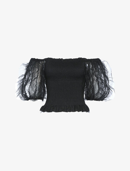 Crop top à manches bouffantes volantées - noir - 3