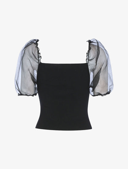 Crop top à manches courtes bouffantes - noir - 2