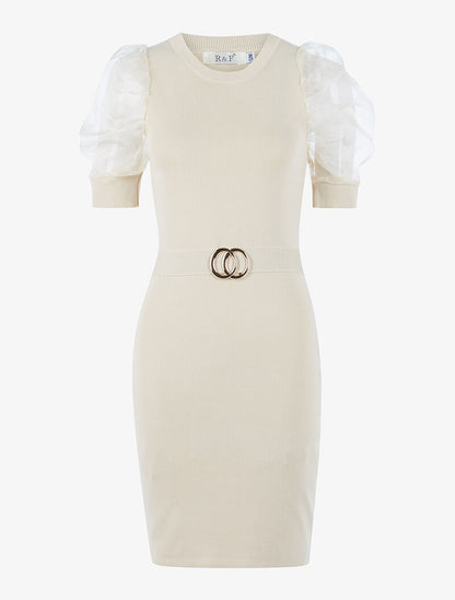 Robe à manches gigot ajourées en tulle - beige - 3