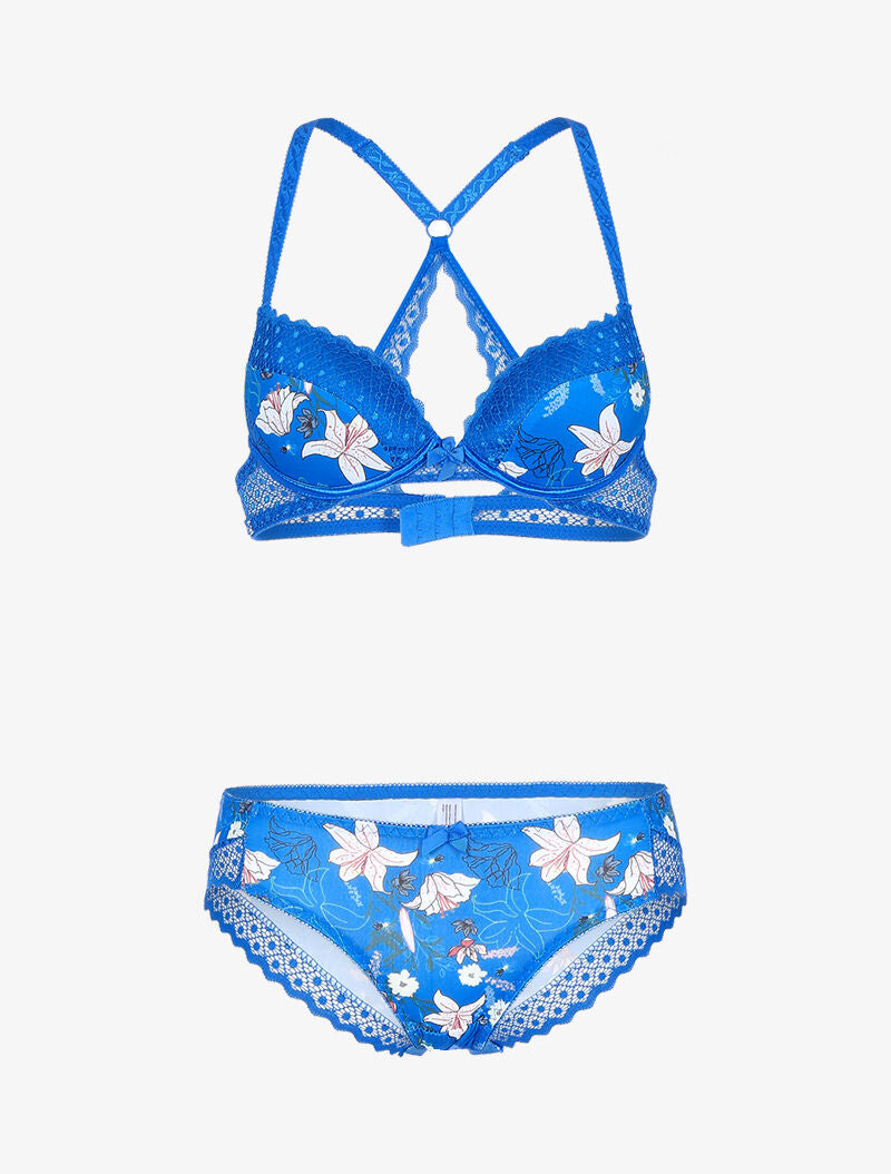 Ensemble à imprimé fleur et bords brodés - bleu électrique - 3