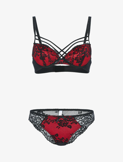 Ensemble satiné et dentelle fleurie - noir/rouge - 1