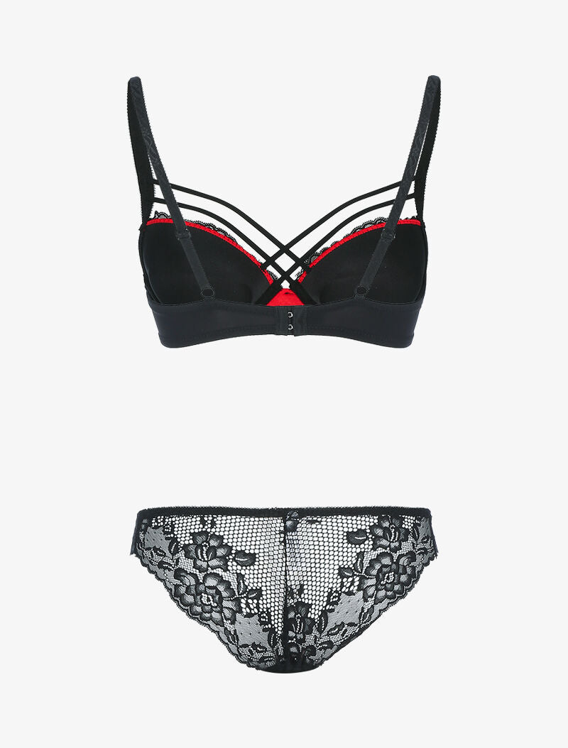 Ensemble satiné et dentelle fleurie - noir/rouge - 2