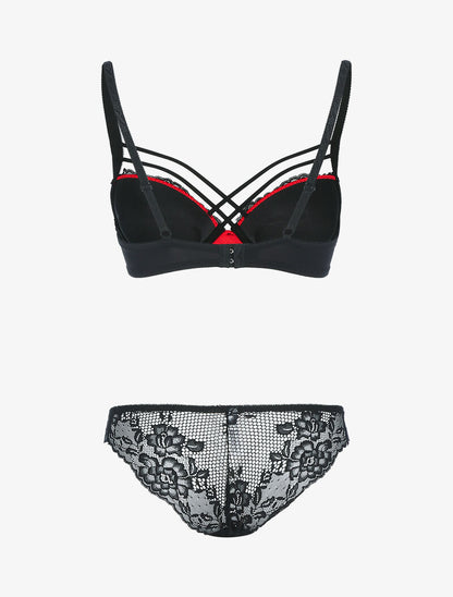 Ensemble satiné et dentelle fleurie - noir/rouge - 2