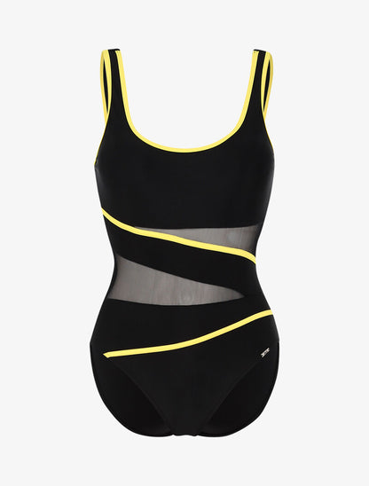 Monokini à détails résille et bandes contrastantes - noir/jaune fluo - 1