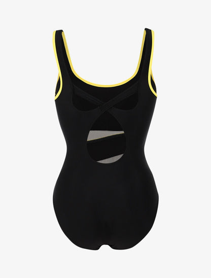 Monokini à détails résille et bandes contrastantes - noir/jaune fluo - 2