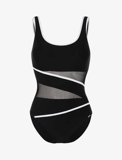 Monokini à détails résille et bandes contrastantes - noir/blanc - 1
