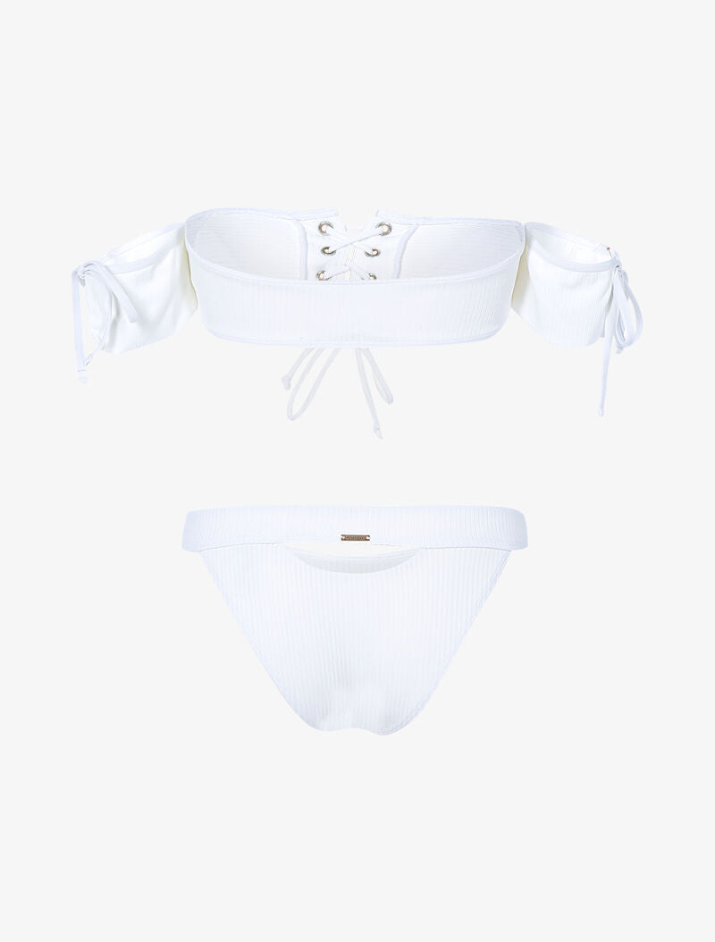 Bikini côtelé à corsage et tanga ajouré - blanc - 2
