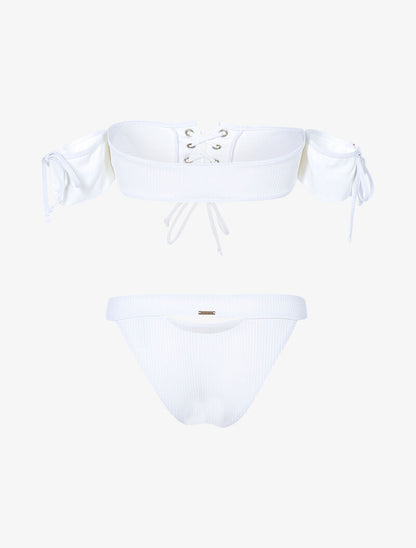 Bikini côtelé à corsage et tanga ajouré - blanc - 2