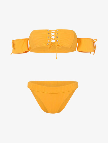Bikini côtelé à corsage et tanga ajouré - moutarde - 1