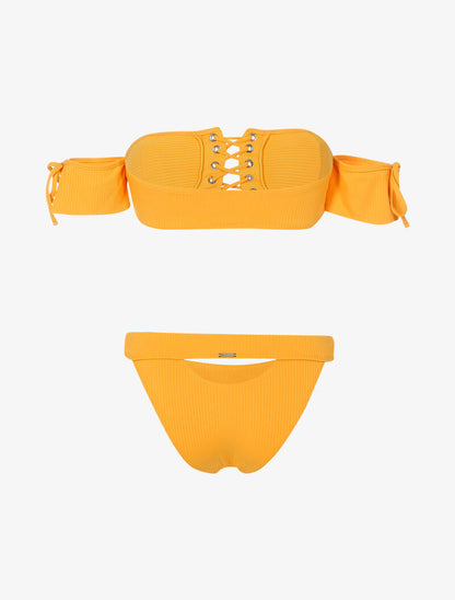Bikini côtelé à corsage et tanga ajouré - moutarde - 2