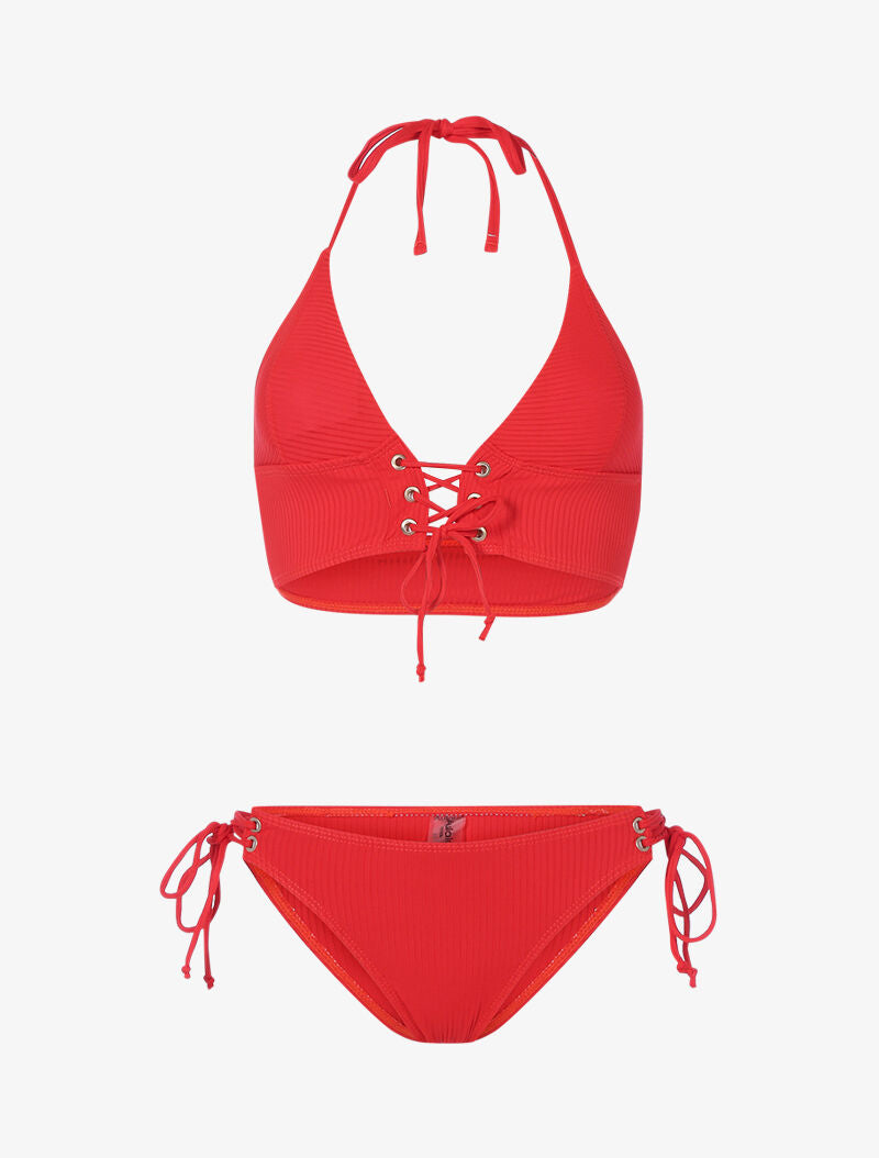 Bikini triangle côtelé à corset - rouge - 3