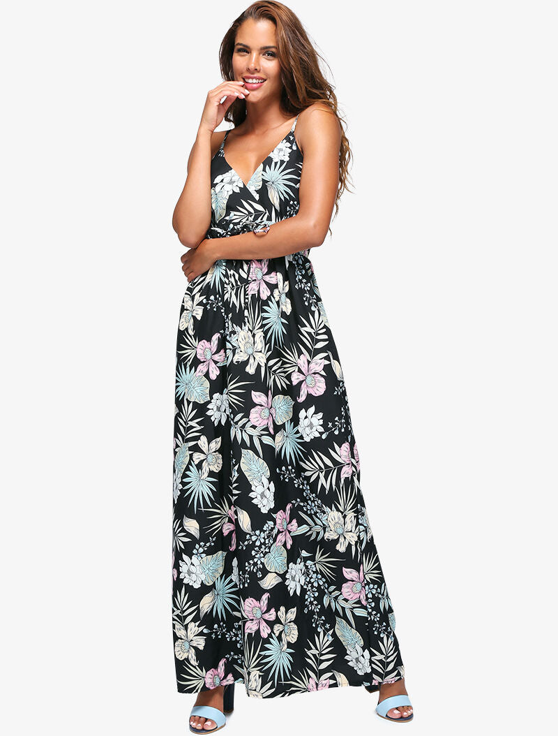 Robe fleurie à encolure cache-coeur - noir - 3