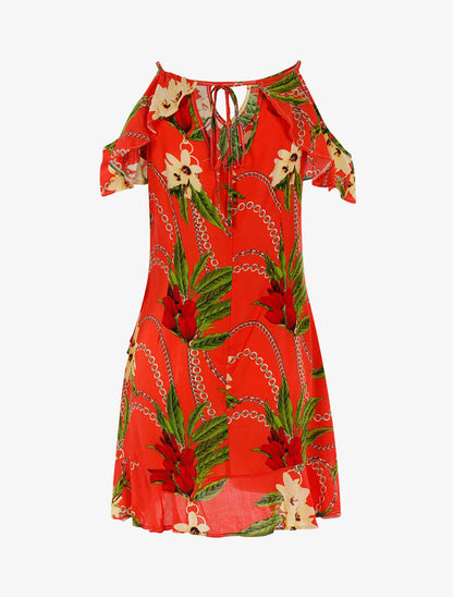 Robe légère à imprimé floral et chaînes - rouge orangé - 2