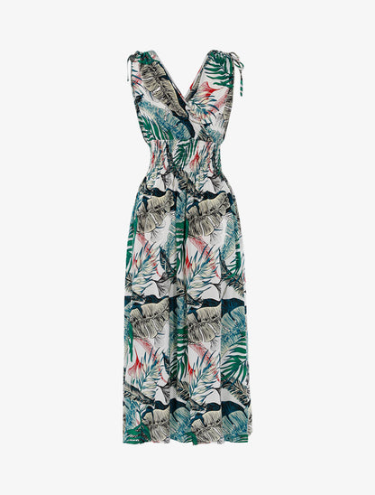 Robe à buste cache-coeur et imprimé tropical - ecru - 2