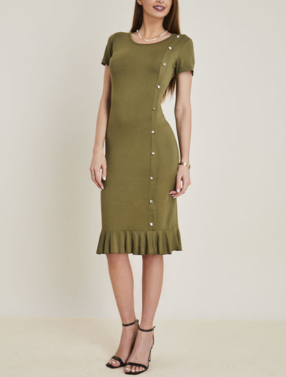 Robe à boutonnière et bord volanté - kaki - 5