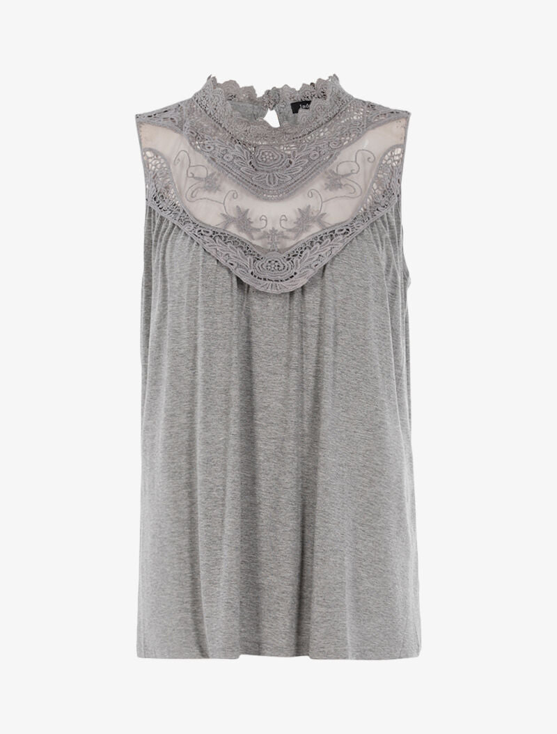 Top à décolleté en tulle et crochet - gris clair - 3