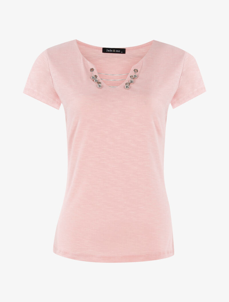 T-shirt chiné à détails chaînettes - rose - 1