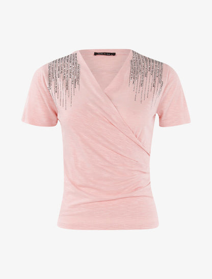 Top chiné à épaules strassées - rose - 1