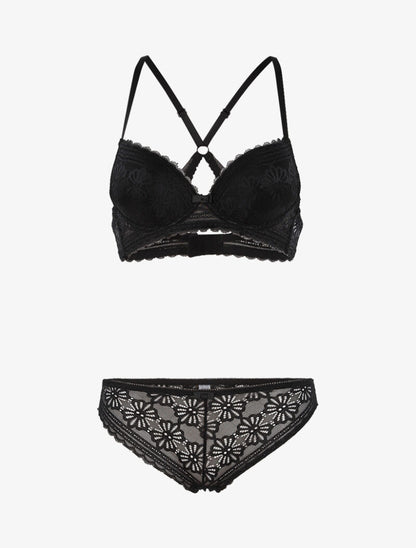 Ensemble dentelle fleurie à dos nageur et tanga - noir - 1