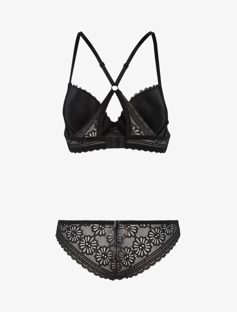 Ensemble dentelle fleurie à dos nageur et tanga - noir - 2
