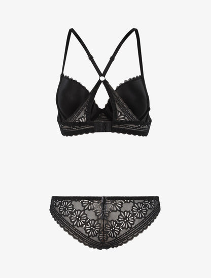 Ensemble dentelle fleurie à dos nageur et tanga - noir - 2