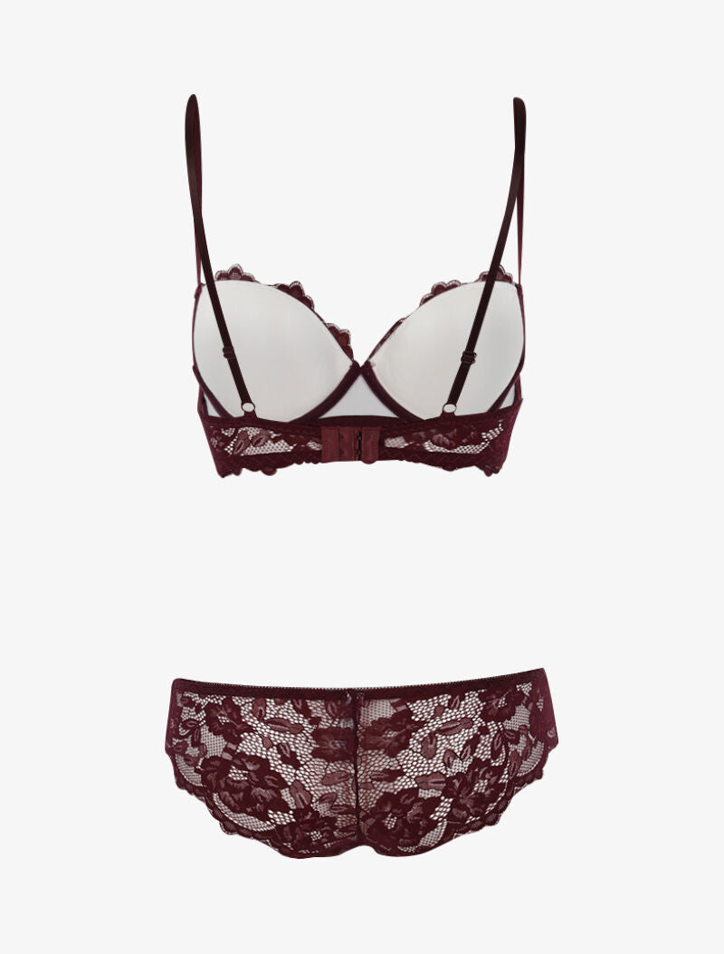 Ensemble dentelle doublée et tanga - prune/blanc - 2