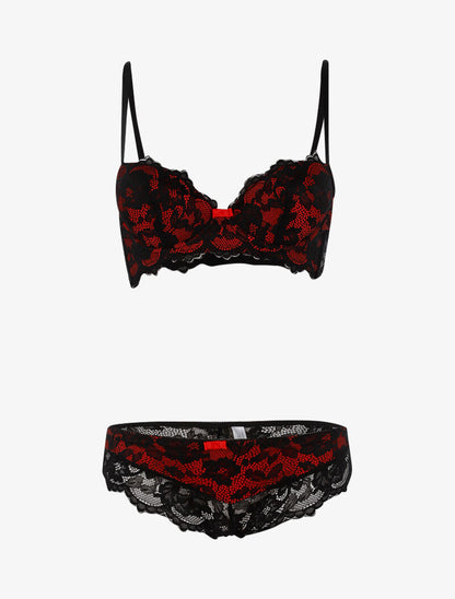 Ensemble dentelle doublée et tanga - noir/rouge - 1