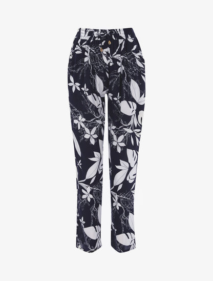 Pantalon à imprimé feuilles monochrome - marine - 1