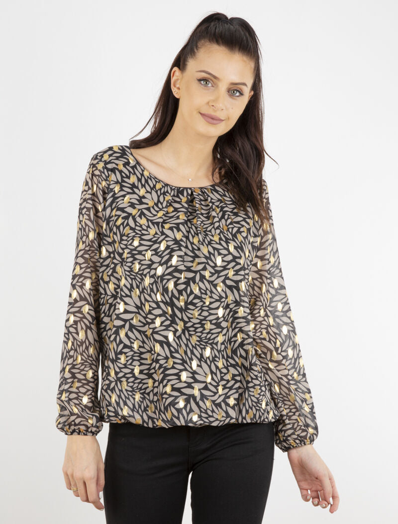 Blouse imprimé feuilles et dorures - noir - 1