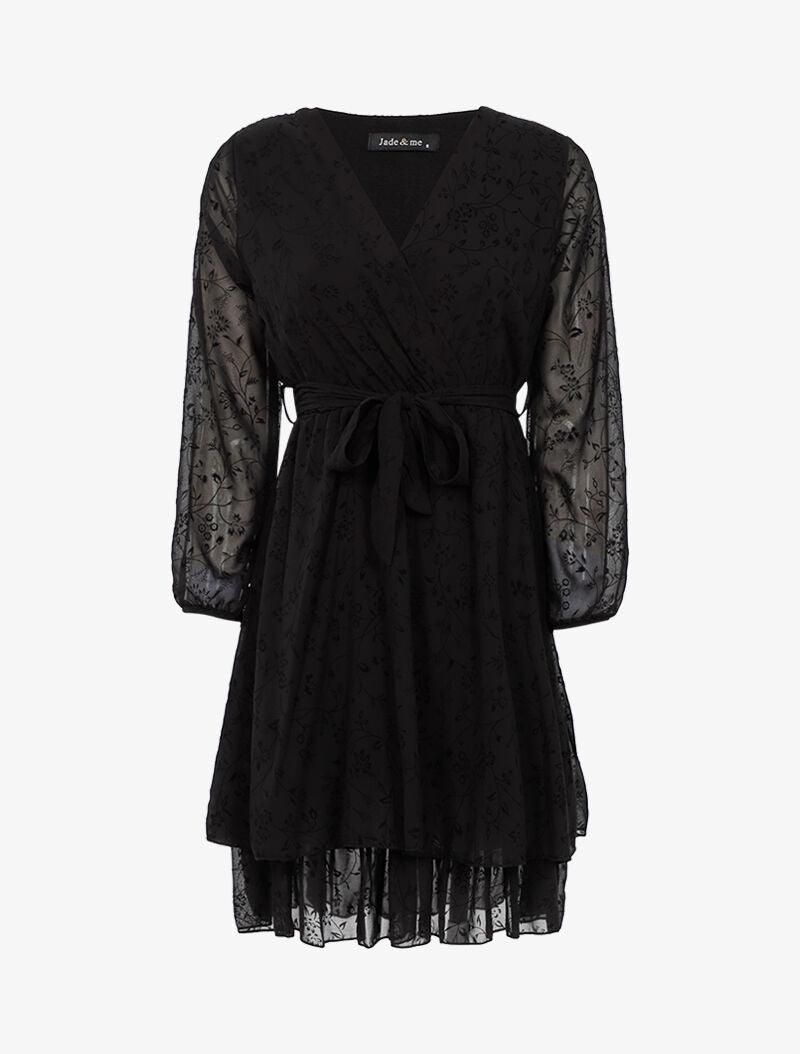Robe cache-coeur en voile imprimé fleurs - noir - 1