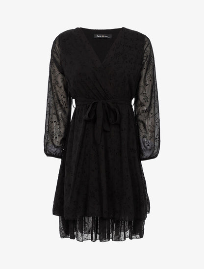 Robe cache-coeur en voile imprimé fleurs - noir - 1