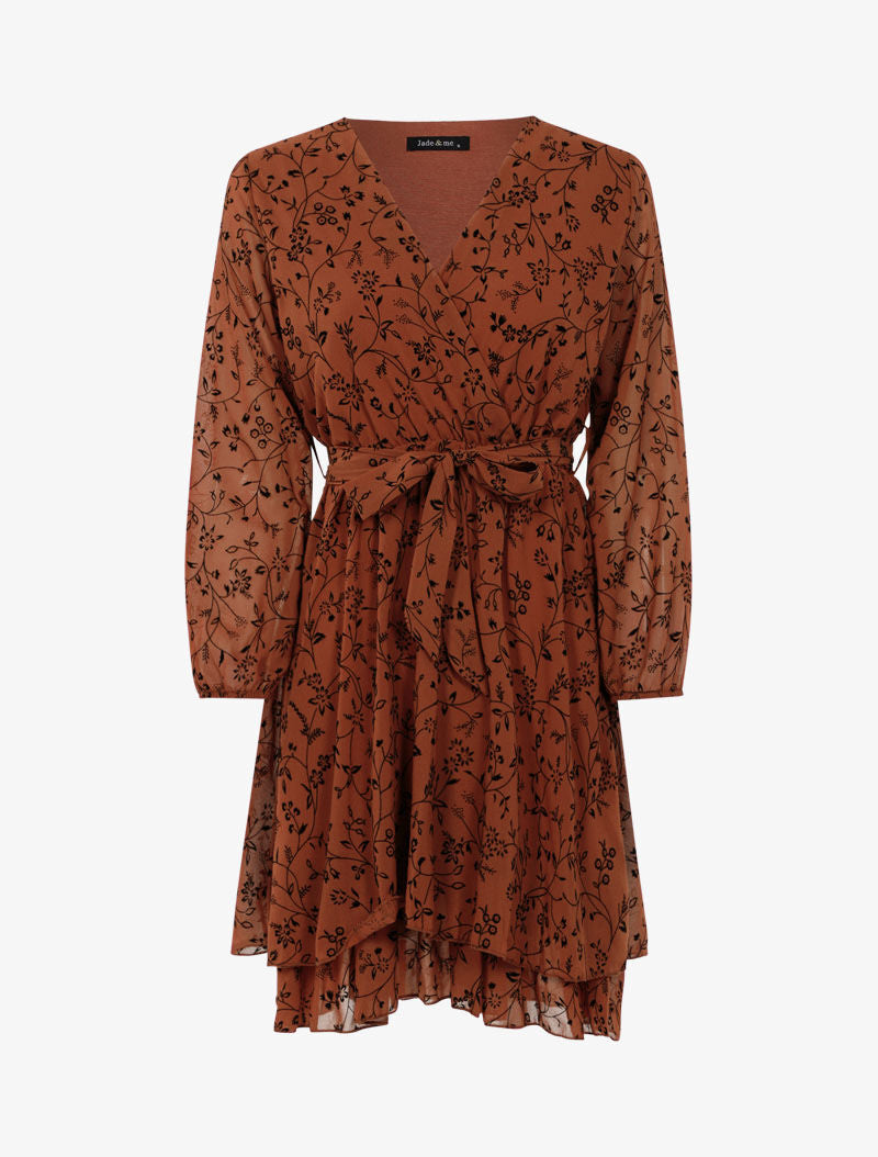 Robe cache-coeur en voile imprimé fleurs - ocre - 3