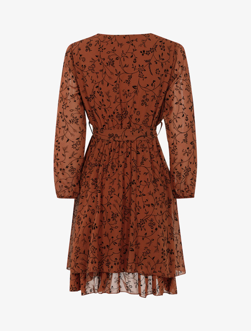 Robe cache-coeur en voile imprimé fleurs - ocre - 2