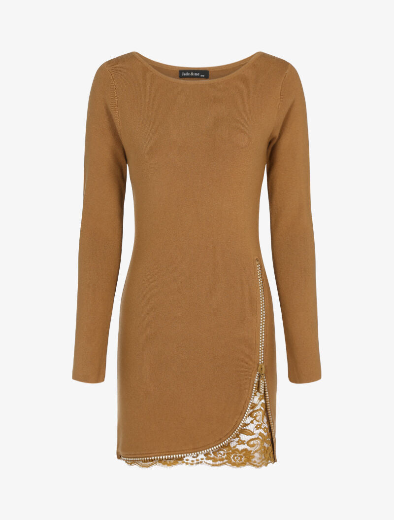 Robe pull à zip strassé et dentelle - camel - 1
