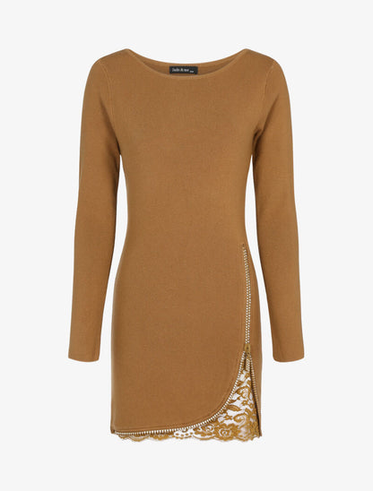 Robe pull à zip strassé et dentelle - camel - 1