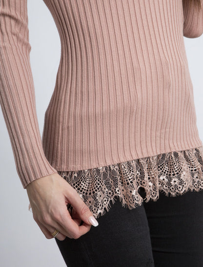 Pull côtelé à bord dentelle - rose - 3