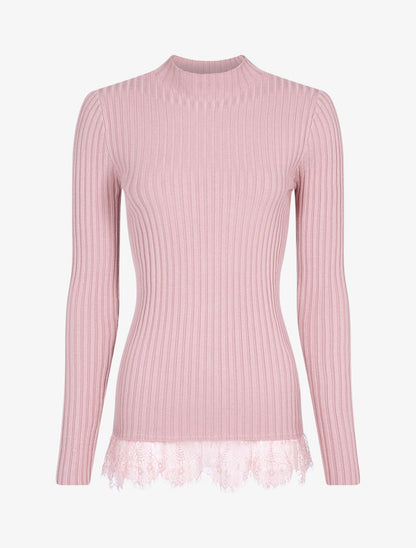 Pull côtelé à bord dentelle - rose - 4