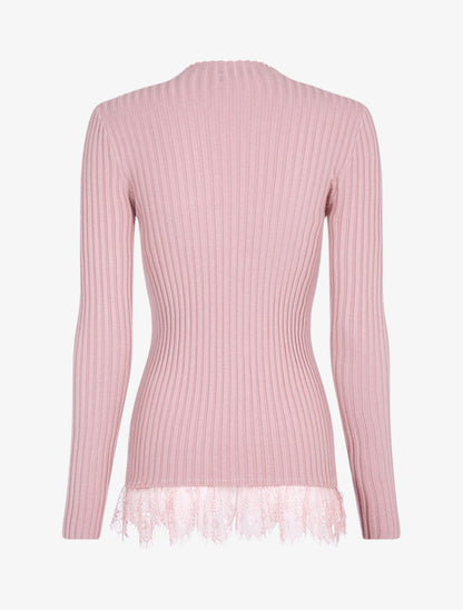 Pull côtelé à bord dentelle - rose - 5