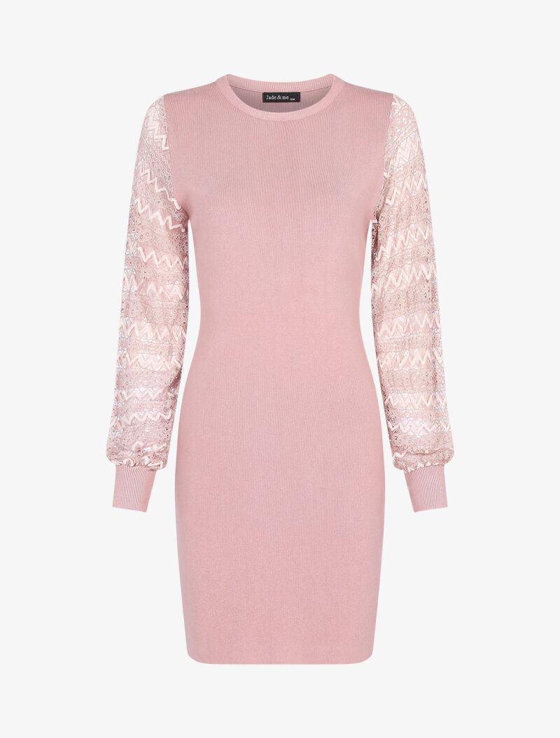 Robe-pull à manches en dentelle - rose - 1