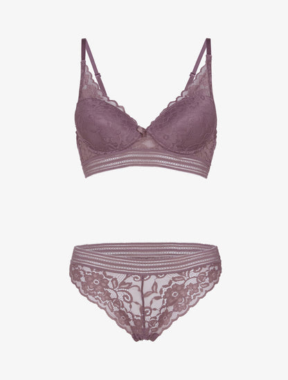 Ensemble bustier en dentelle et bandes - rose parme - 1